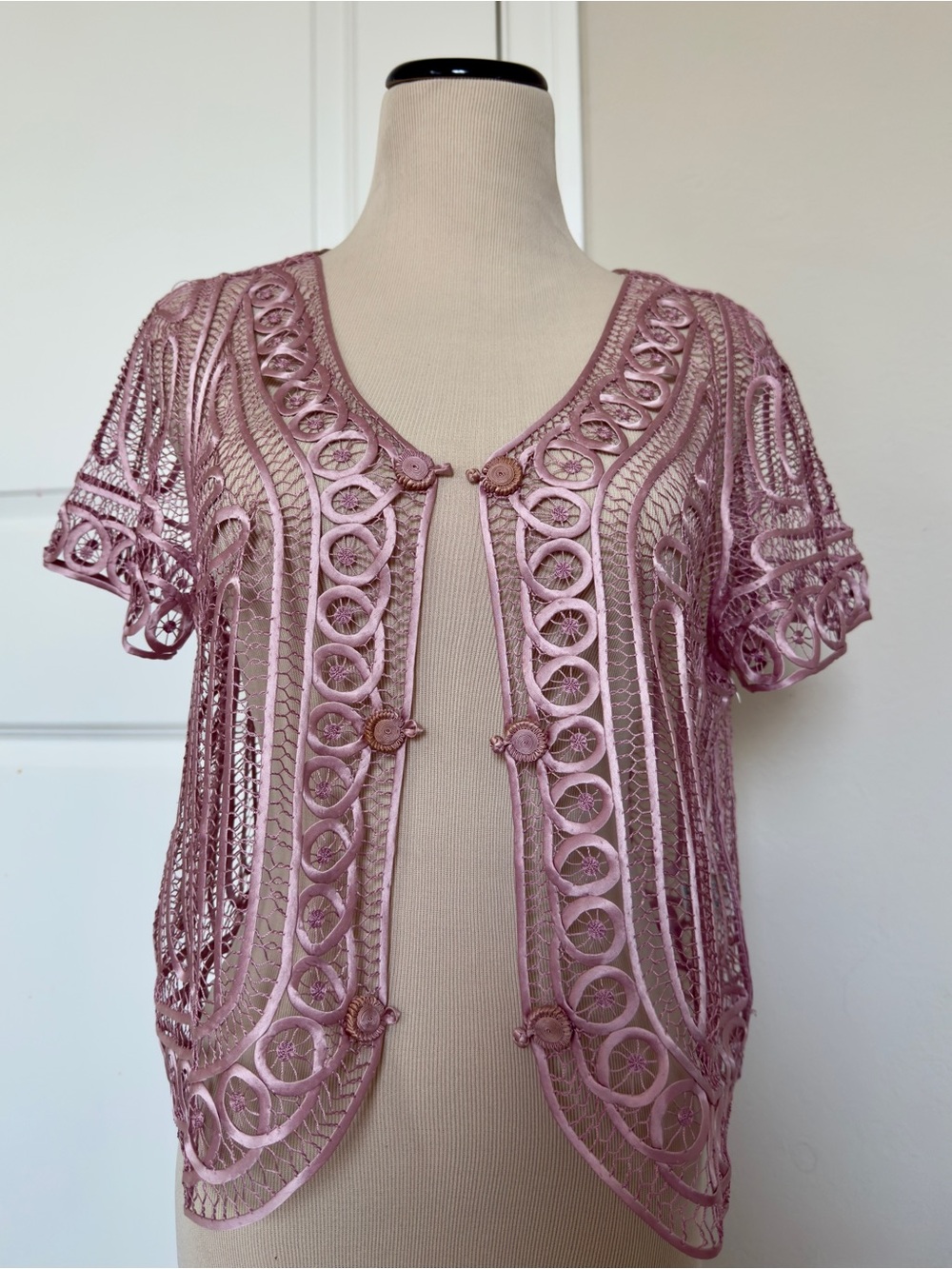 Soulmates 100% Silk Lace Overlay Short Sleeve Cardigan Dusty Rose Women Size XL